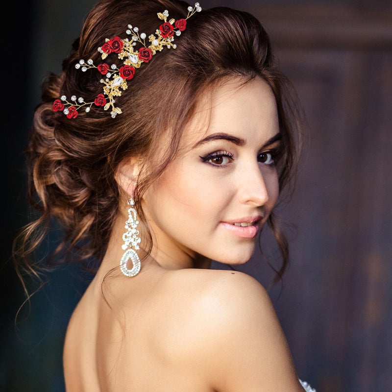 اسويوامت مشط شعر مزين بالزهور الحمراء، مشط جانبي مرصع بالكريستال الذهبي الوردي للعرائس، مشط مزين بالزهور وأحجار الراين واللؤلؤ، قطعة رأس مزخرفة عتيقة من الكريستال والزمرد، إكسسوار شعر لامع لحفلات الزفاف للنساء - Image 3